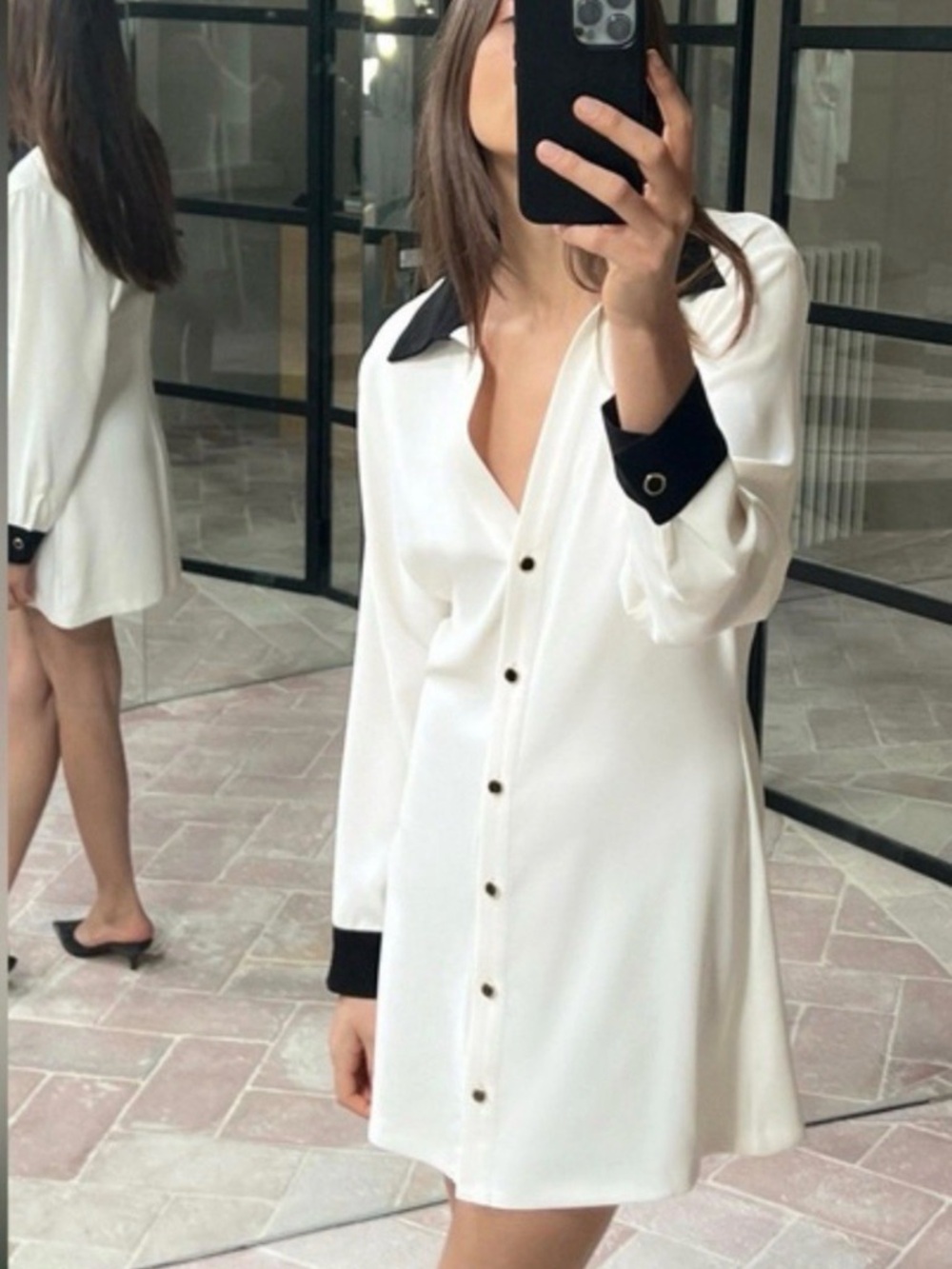 Zara White Mini Shirt Dress with Black Collar & Cuffs